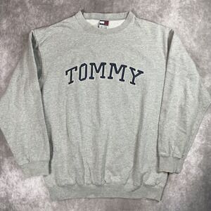 Vtg 90s Tommy Hilfiger Embroidered Logo Double Sided Sweatshirt Light Gray XL